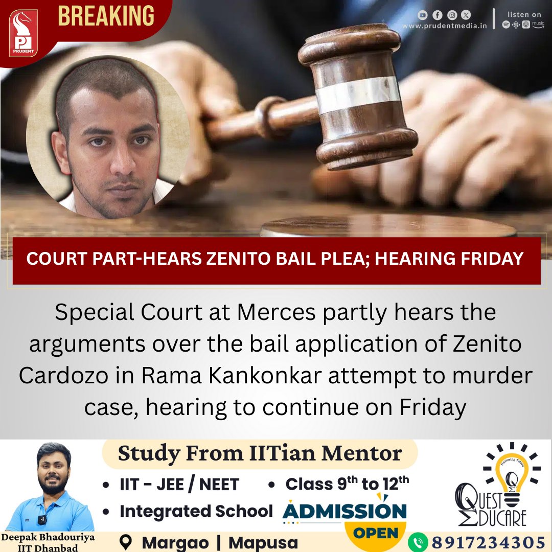 prudentgoa's tweet image. Special Court at Merces partly hears the arguments over the bail application of Zenito Cardozo in Rama Kankonkar attempt to murder case, hearing to continue on Friday  

#ZenitoCardozo #RamaKankonkarCase #AttemptToMurder #MercesCourt #Judiciary #BailHearing #GoaNews #LegalUpdates