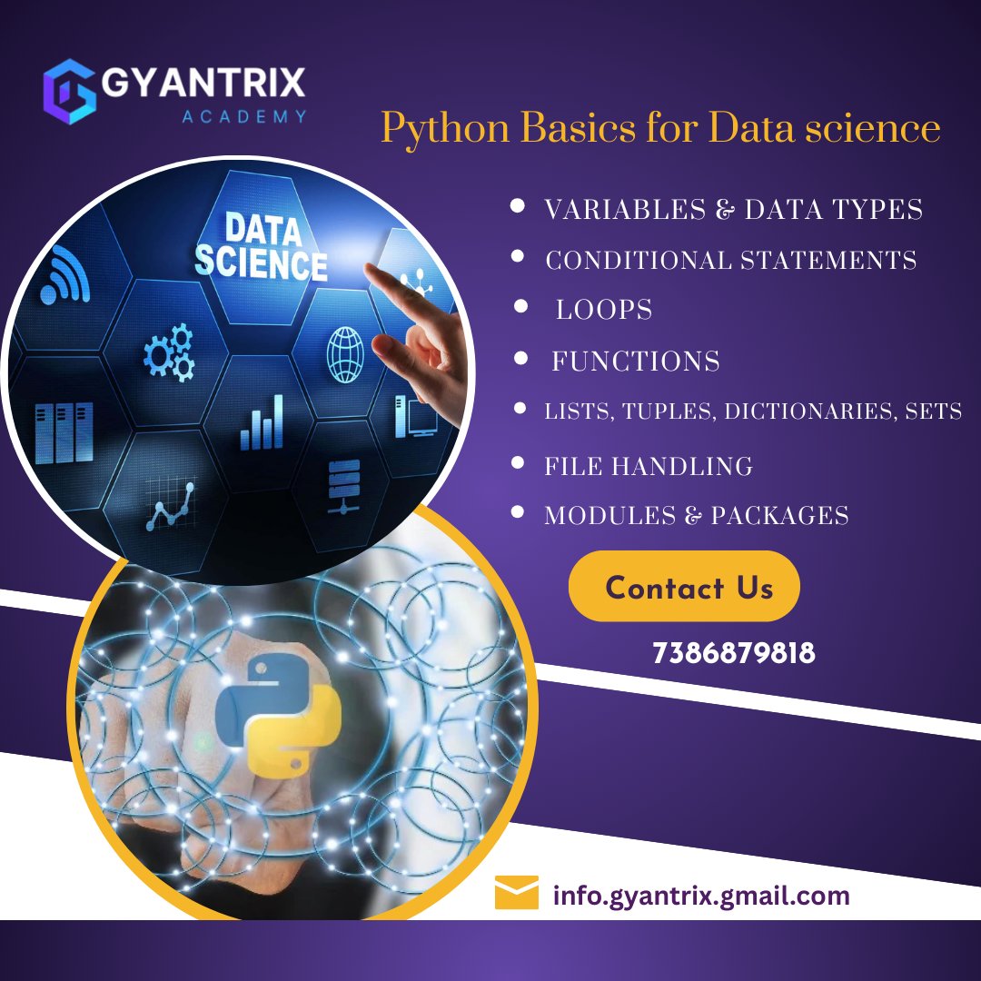 GyantrixAcademy's tweet image. “Dreaming of a Data Science career? Start with Python — the backbone of AI &amp;amp; ML
Join Gyantrix Academy to learn Python basics in the most simple &amp;amp; practical way.
Your tech career starts here! 
#PythonForDataScience #DataScienceTraining #PythonBasics #LearnPython #GyantrixAcademy