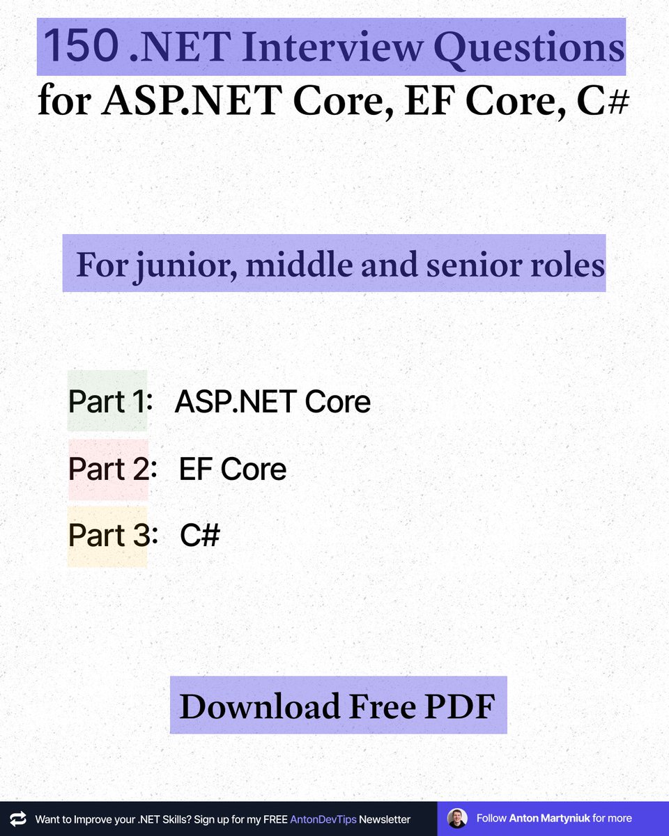 AntonMartyniuk's tweet image. 𝟭𝟱𝟬 𝗤𝘂𝗲𝘀𝘁𝗶𝗼𝗻𝘀 𝗧𝗼 𝗣𝗿𝗲𝗽𝗮𝗿𝗲 𝗳𝗼𝗿 .𝗡𝗘𝗧 𝗜𝗻𝘁𝗲𝗿𝘃𝗶𝗲𝘄

ASP .NET Core, EF Core, C# questions 👇

1. Explain how routing works in ASP NET Core

2. What is middleware and in what order do they execute?

3. How can you stop other middlewares from executing?…