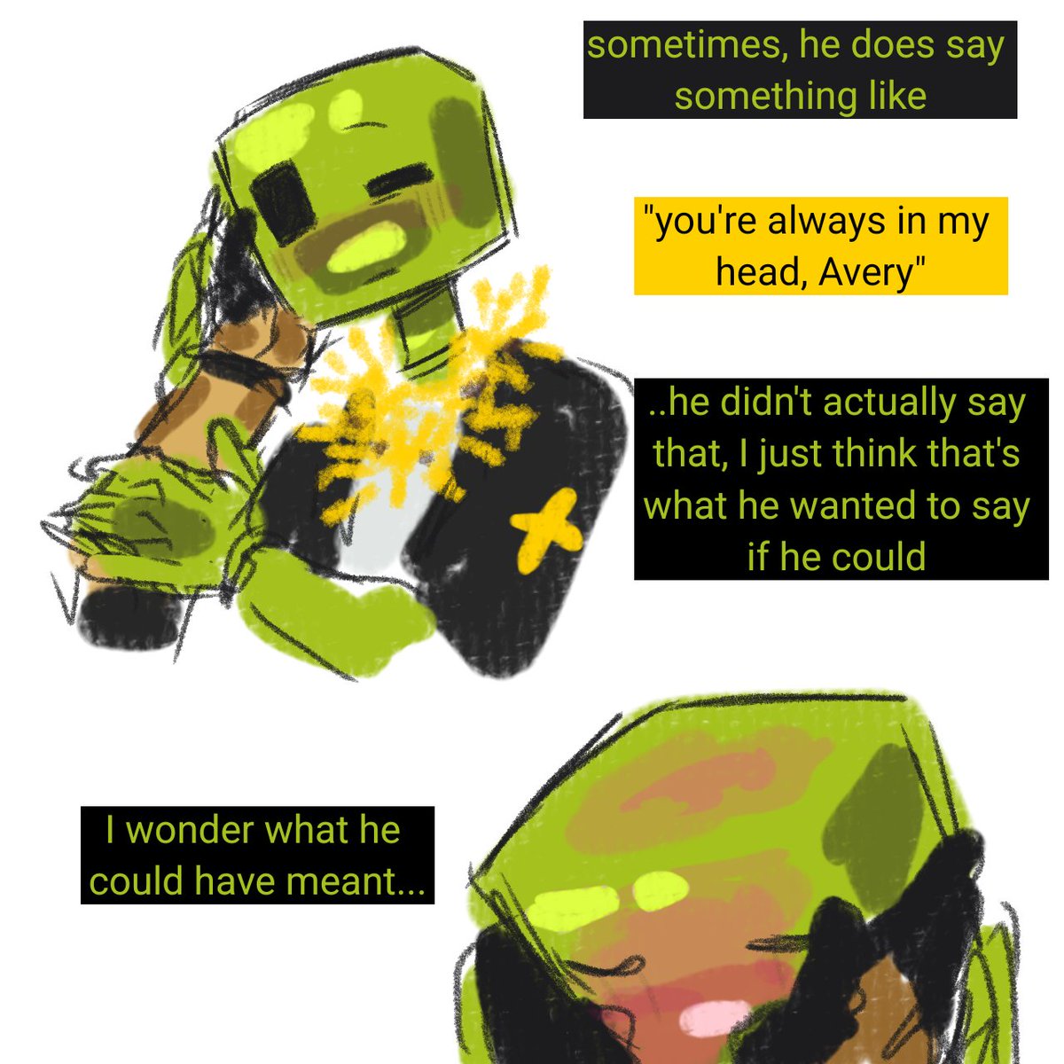 HackerStreet2's tweet image. This but from Avery&apos;s POV 
Kinda?? It&apos;s the same plot

#averythemayo #d3rlord3 #minecraftarg #slimeknight #sfawtde