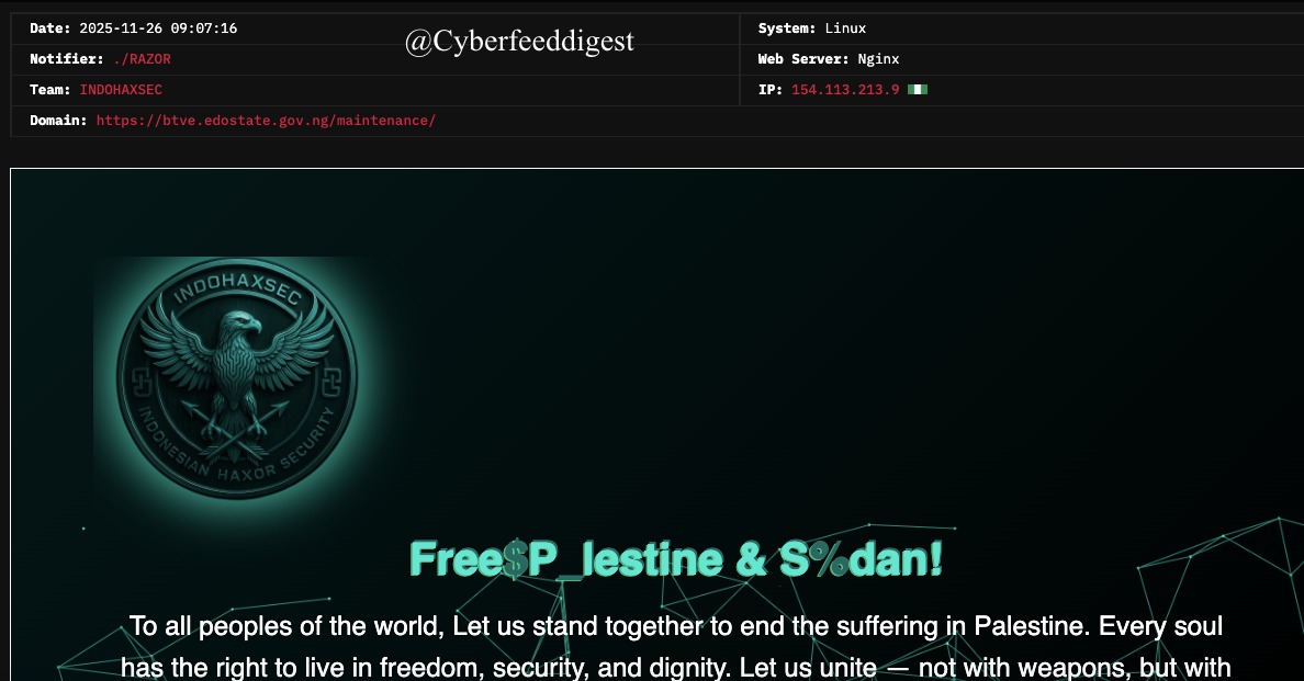 cyberfeeddigest's tweet image. “A governmental website of #Nigeria reportedly #Hacked by
Notifier: ./RAZOR
Team: INDOHAXSEC
Domain (defanged): hxxps://btve[.]edostate[.]gov[.]ng/maintenance/”

#Hack #Defacement #Nigeria