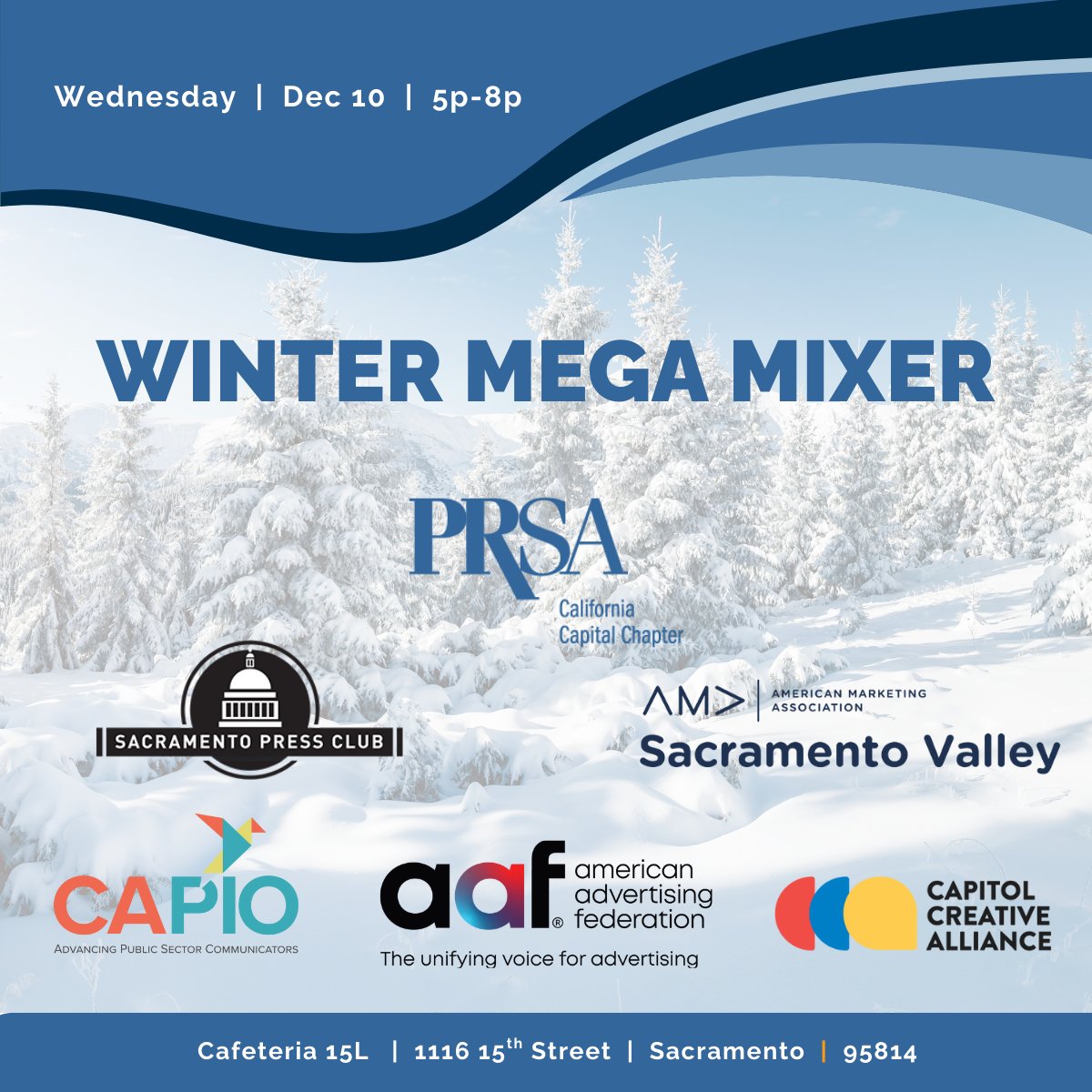 ’Tis the season! ❄️

Join us for our annual Winter Mega Mixer and connect with Sacramento’s top communications, advertising, marketing and creative pros.

Don’t miss the networking event of the season — grab your ticket today! eventbrite.com/e/prsa-ccc-win…