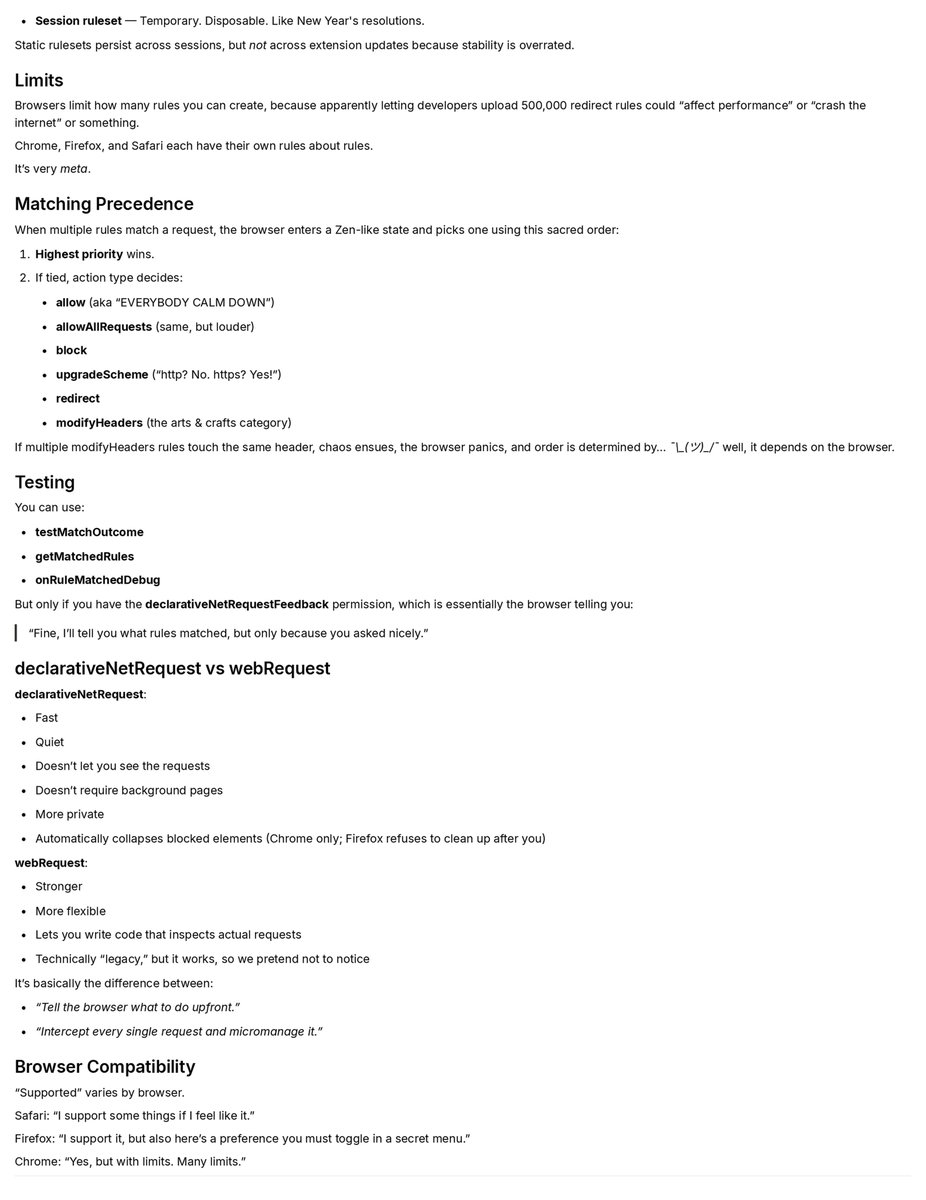 dadwal_tanvi's tweet image. Control Tabs with declarativeNetRequest &amp;amp; Permissions API🧙‍♂️

youtu.be/5edygpFXA90?si…

#CodeLife #WebDev #FrontendDev #CodingDaily #ProgrammerHumor