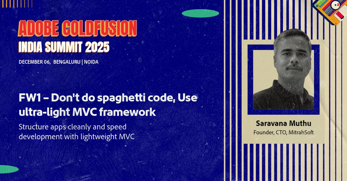 coldfusion's tweet image. Join Saravana Muthu at CF India Summit 2025 to understand how FW/1 brings structure, clarity and maintainability to your ColdFusion applications, and walk away able to build organized, testable and future-ready projects.

🔗View the full agenda here: bit.ly/4rgqzSl