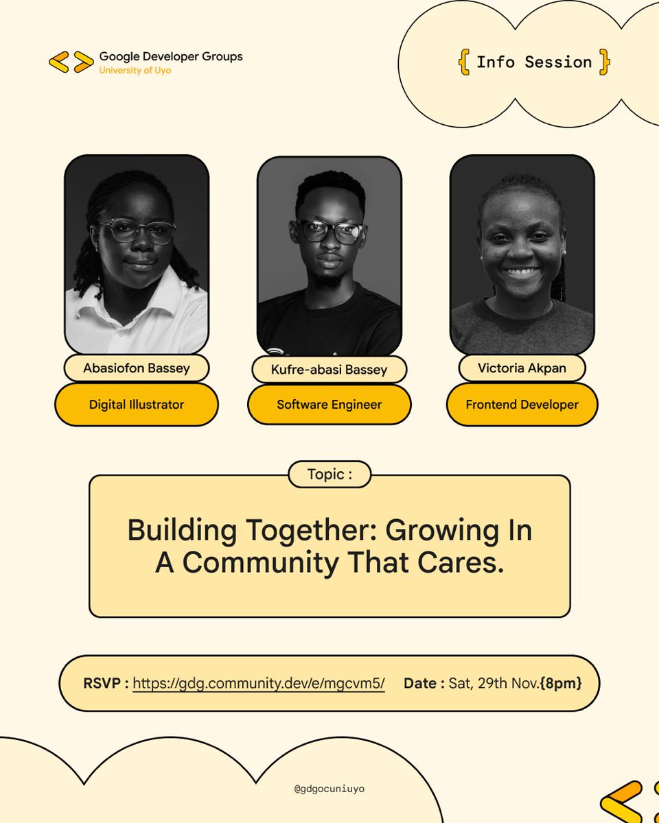 gdgocuniuyo's tweet image. Join us on Saturday 29th Nov, 2025 for a GDG Community Info Session🤩

🕐: 8pm
📍: Google Meet

RSVP here to be notified: gdg.community.dev/e/mgcvm5/

Don&apos;t miss out on this opportunity to understand your community better!😊