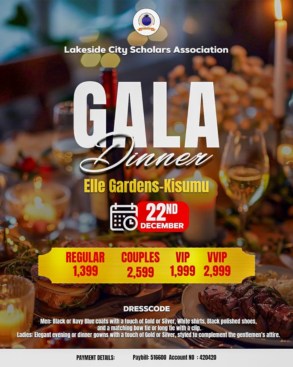 LCSA_KISUMU's tweet photo. This Year on 22 Dec, '25, We'll be Converging at Elle Gardens In Kisumu's CBD For #LCSAGALADINNER, Charges and Payment Method are in the poster. 
For more information, WhatsApp: https://t.co/Lz1JTywUE5 https://t.co/lUy68hfZ4I