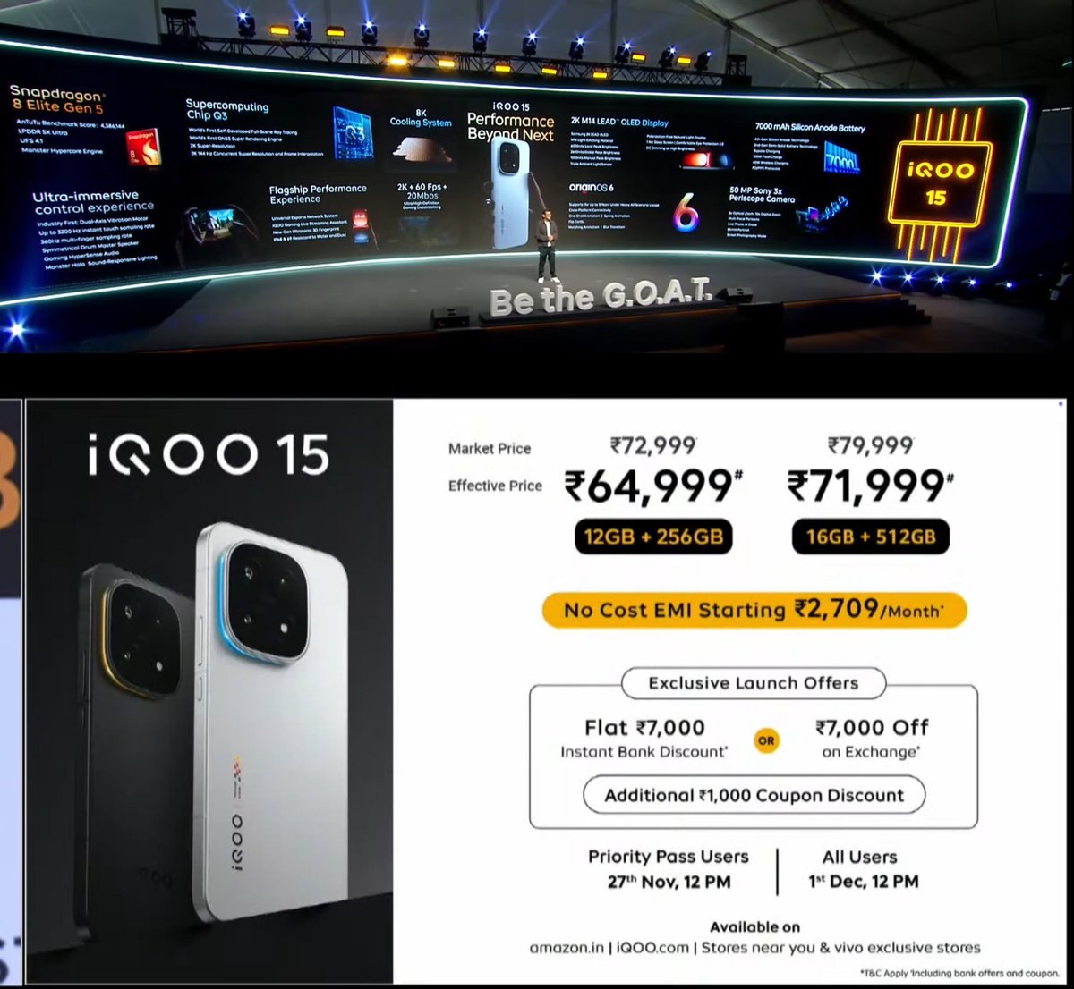 yabhishekhd's tweet image. iQOO 15 launched in India.
Price 💰 ₹72,999 (12GB+256GB)

Specifications 
📱 6.85&quot; 2K Samsung M14 AMOLED 8T LTPO display, 144Hz refresh rate, 2600nits HBM, 2160Hz PWM, standard anti reflection coating, Schott Xensation alpha display protection
🔳 Qualcomm Snapdragon 8 Elite Gen…