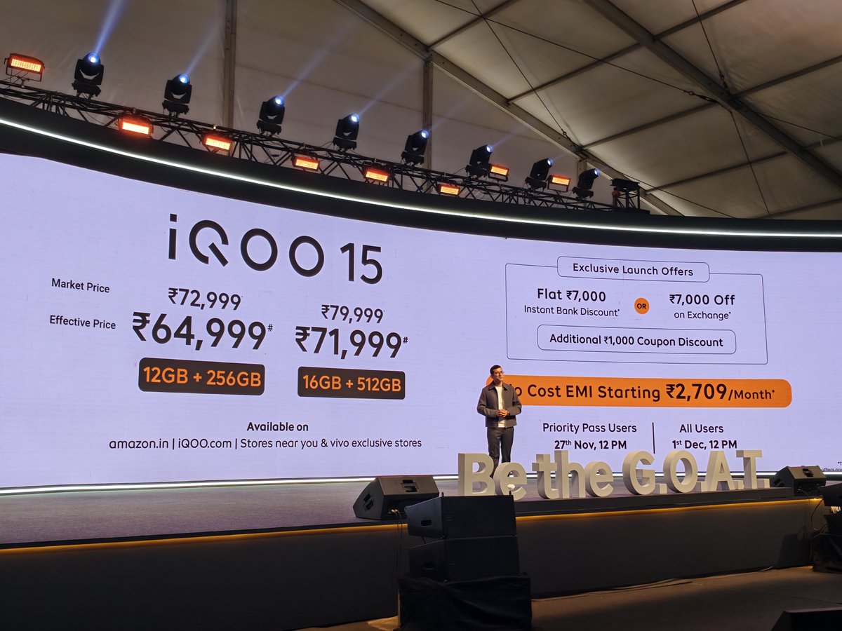 ishanagarwal24's tweet image. iQOO 15 launched in 🇮🇳 India!

Here are the prices 💰
12/256GB: ₹72,999
16/512GB: ₹79,999

₹7000 Bank discount or ₹7000 exchange bonus. Sale starts December 1. #iQOO15