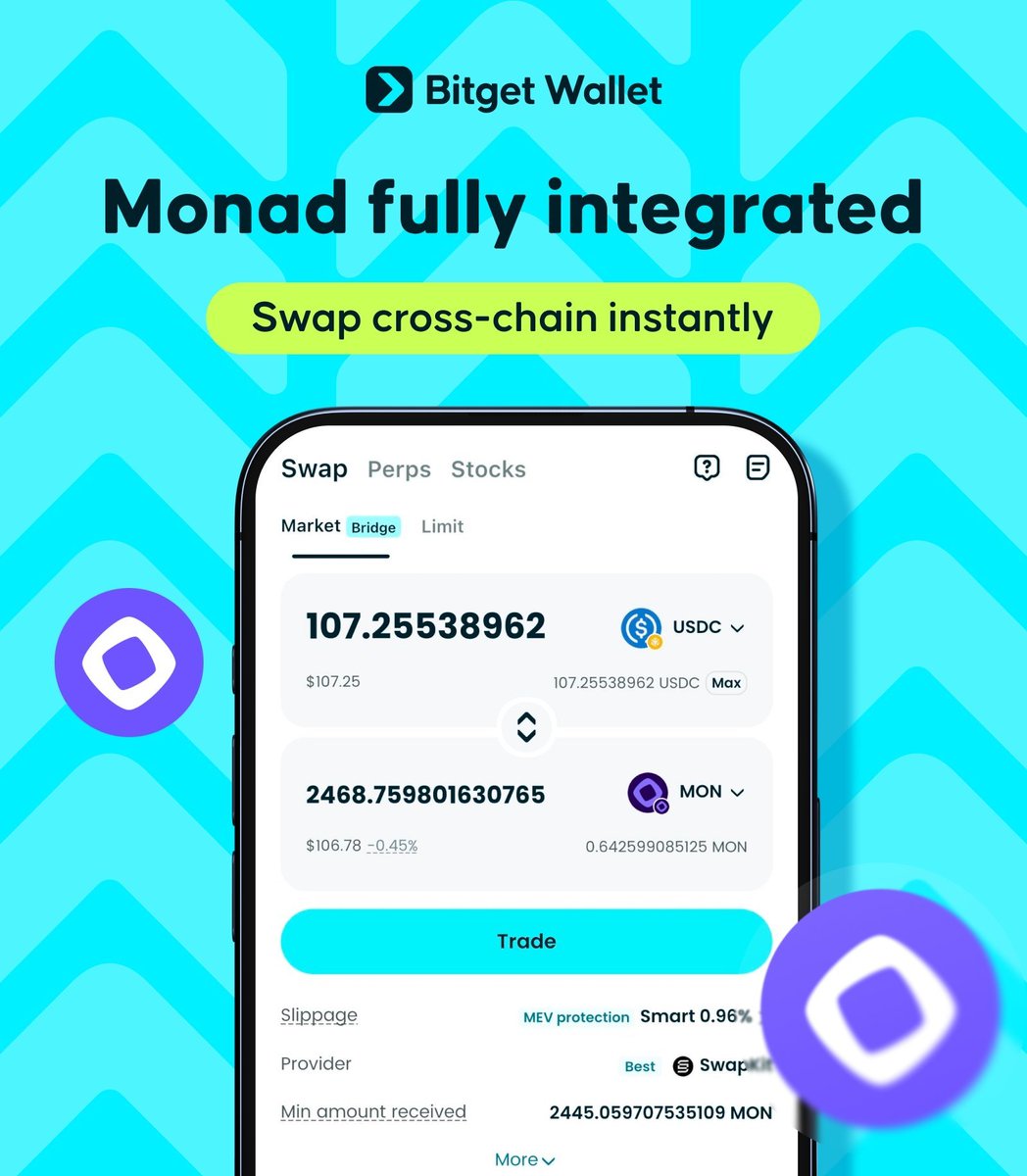 BitgetWalletVN's tweet image. gmonad. Chúng tôi đã tích hợp hoàn toàn mainnet của @monad.

Giờ đây bạn có thể:

Swap sang Monad ngay lập tức. Cross-chain swap hiện đã hỗ trợ Ethereum, Base &amp;amp; BNB Chain.
Theo dõi thị trường $MON và các tài sản trên Monad.
Chỉ cần thêm mạng Monad mainnet để bắt…