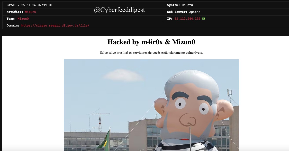 cyberfeeddigest's tweet image. “Another governmental website of #Brazil reportedly #Hacked by
Notifier: Mizun0
Team: Mizun0
Domain (defanged): hxxps://siagro[.]seagri[.]df[.]gov[.]br/file/”

#Hack #Defacement #Brazil