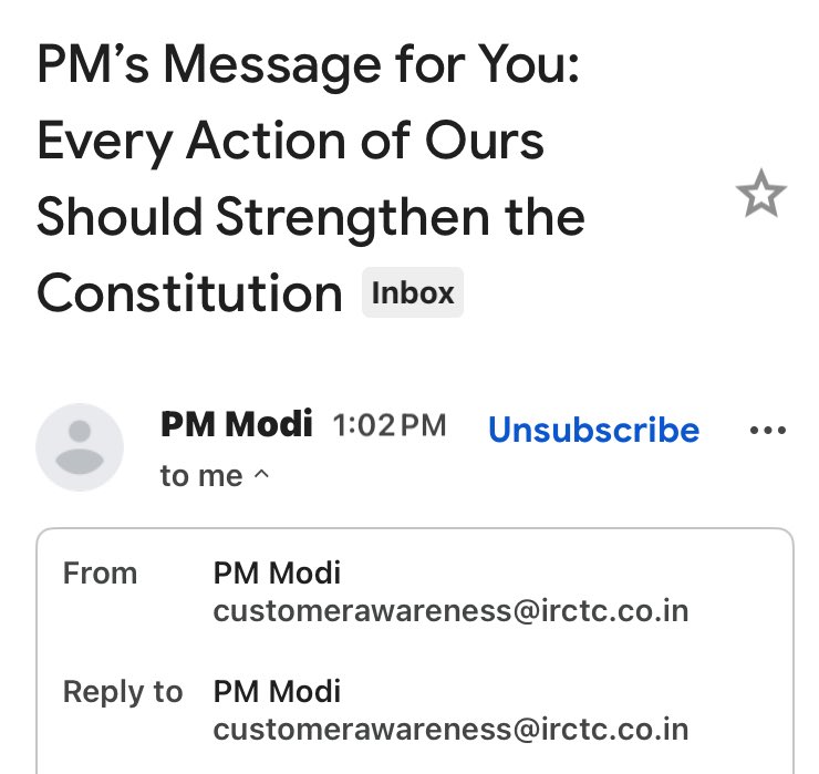 dcntrlyzr's tweet image. Got mail. From Modi Jee. Salute!! 

#IRCTC #SamvidhanDiwas