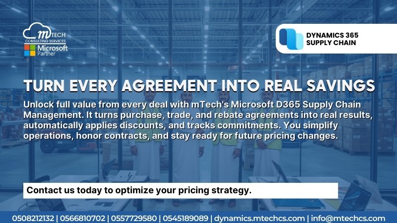 mTech_cs's tweet image. mTech’s D365 Supply Chain agreements, discounts aur tracking sab auto handle karta hai. Operations simple rehte hain aur future pricing changes ke liye ready rehte ho.

Contact Us
0508212132 | 0566810702 | 0557729580 | 0545189089 | info@mtechcs.com | dynamics.mtechcs.com