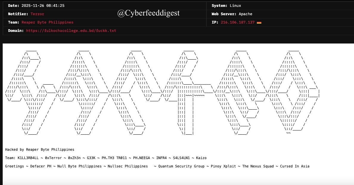 cyberfeeddigest's tweet image. “Educational website of #Bangladesh reportedly #Hacked by
Notifier: Terror
Team: Reaper Byte Philippines
Domain (defanged): hxxps://fulkochacollege[.]edu[.]bd/fuckk[.]txt”

#Hack #Defacement