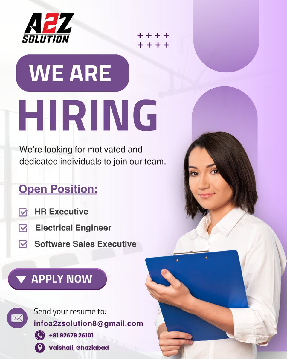 SunderBhati01's tweet image. 🚀 HIRING ALERT – A2Z Solution
We Are Hiring for the Following Open Positions:
✨ HR Executive
✨ Electrical Engineer
✨ Software Sales Executive

Apply Now &amp;amp; Build Your Future with A2Z Solution!
#Hiring #A2ZSolution #JobOpening #CareerOpportunity #DelhiNCRJobs #GhaziabadJobs
