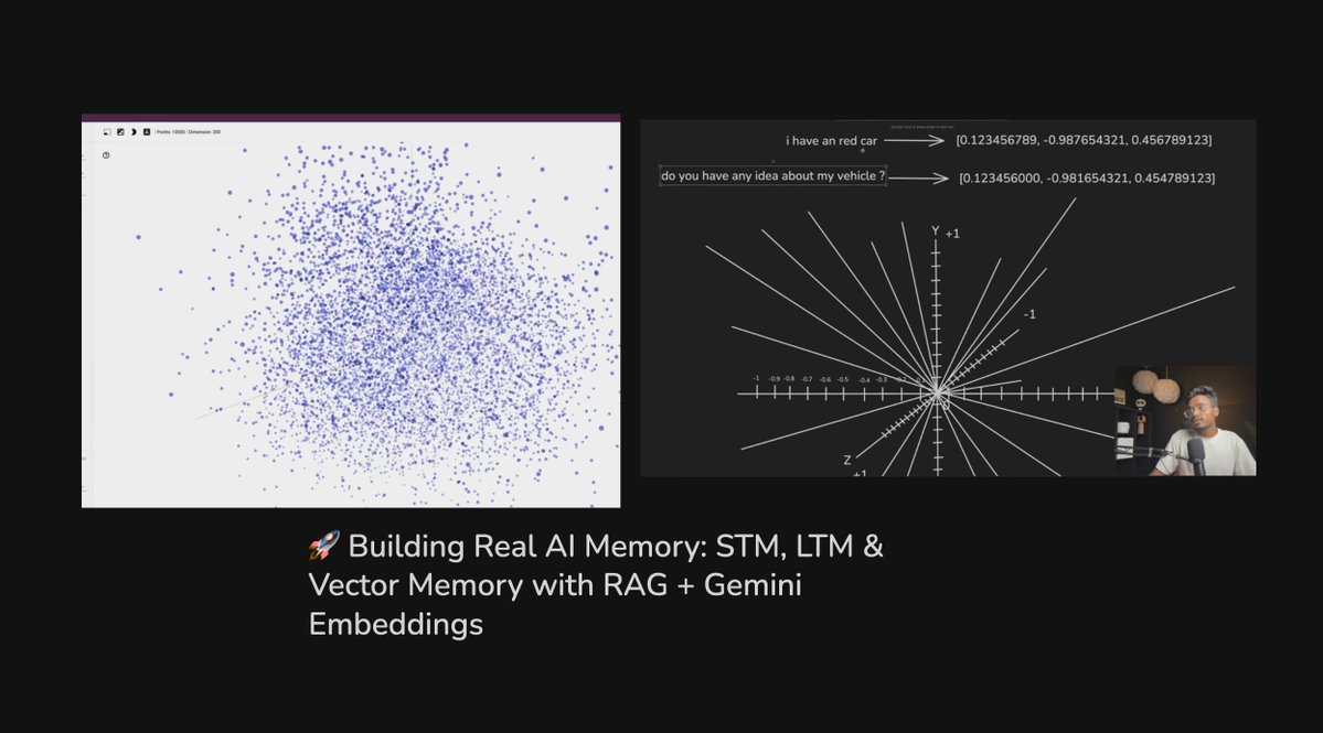 alok_js's tweet image. Learning STM, LTM &amp;amp; Vector Memory + RAG using Gemini Embeddings.
Building AI with real memory.
GitHub: @alokishere
🔗 github.com/alokishere
linkedin.com/in/alok-webdev/
#AI #RAG #Embeddings #Gemini #MERN