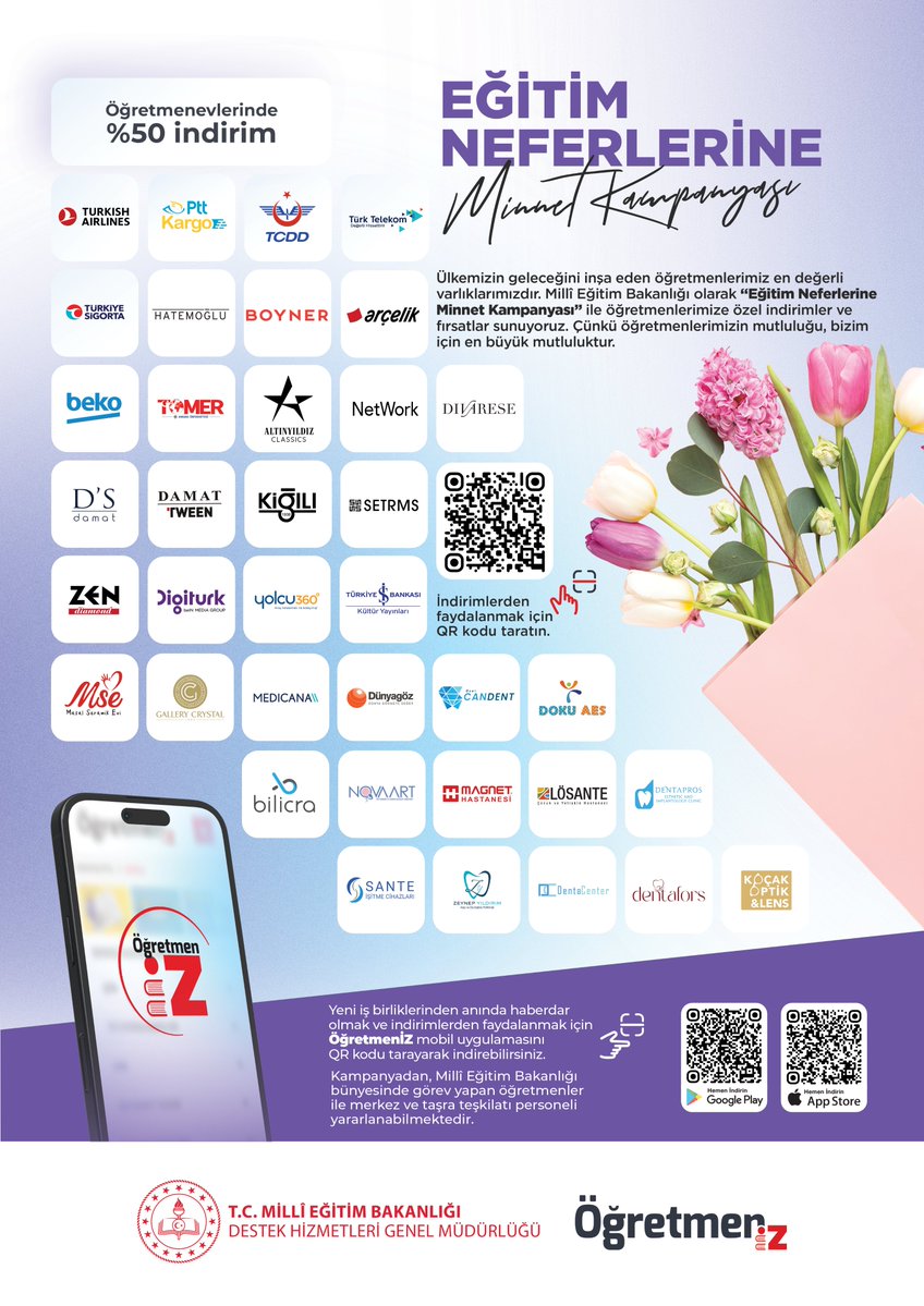 DohaEgitim's tweet image. MEB Destek Hizmetleri Genel Müdürlüğümüz koordinasyonunda yürütülen &quot;Eğitim Neferlerine Minnet Kampanyası&quot; yeni indirim anlaşmalarıyla güncellenmiştir. Söz konusu kampanyalara öğretmeniz.meb.gov.tr web sitesi üzerinden erişilebilmektedir.

@meb_dhgm