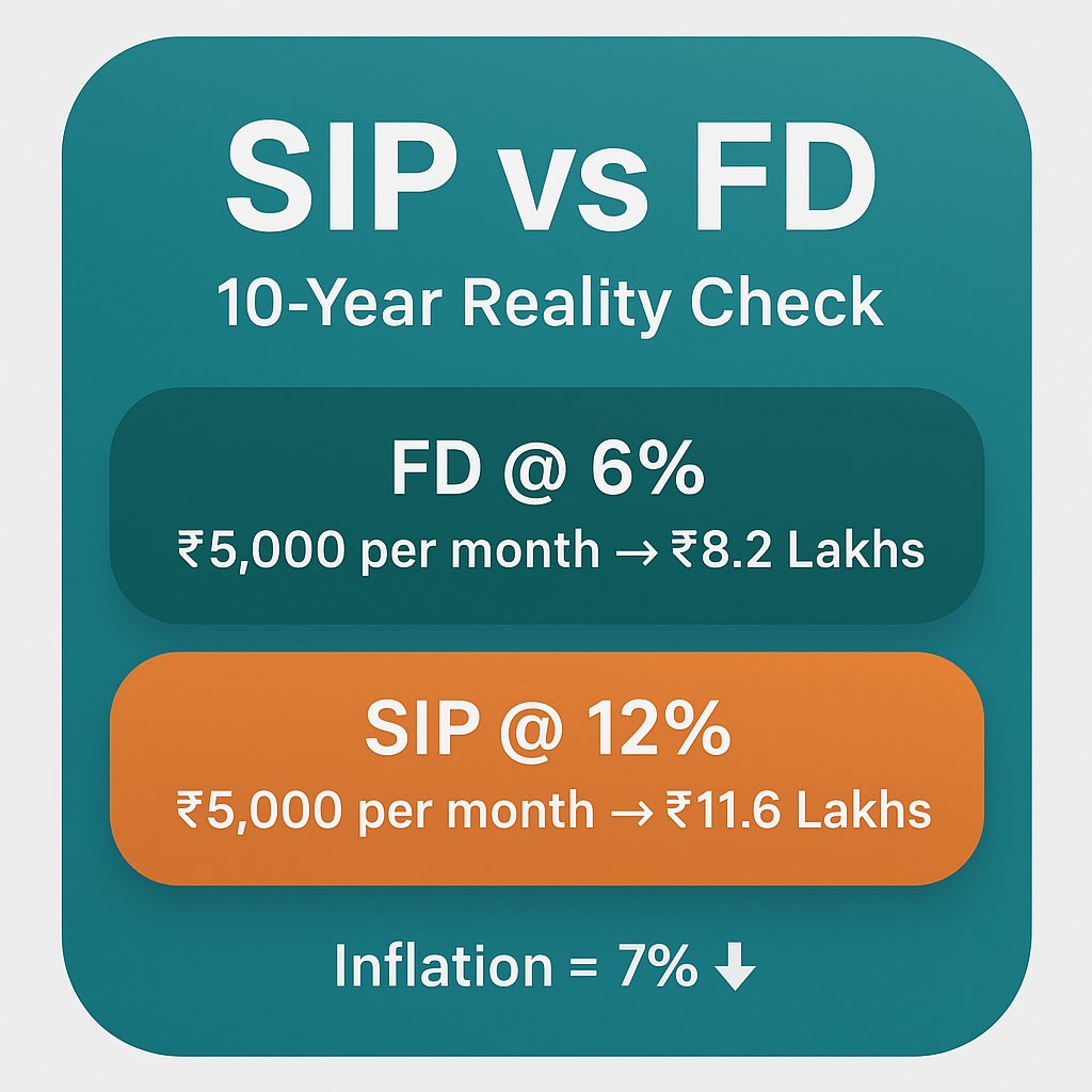 AccordWealth_'s tweet image. SIP vs FD
A 10-Year Reality Check 

💰FD @ 6%: ₹5K/month → ₹8.2L 
SIP @ 12%: ₹5K/month → ₹11.6L 
Inflation = 7% 📉 

➡️SIP not risky for long term. 
FD is risky for your goals.  

#accordfinance
#ConstitutionDay #SIP #FD #StockMarket #bankbaroda #SBI #kotakbank #RBLBank