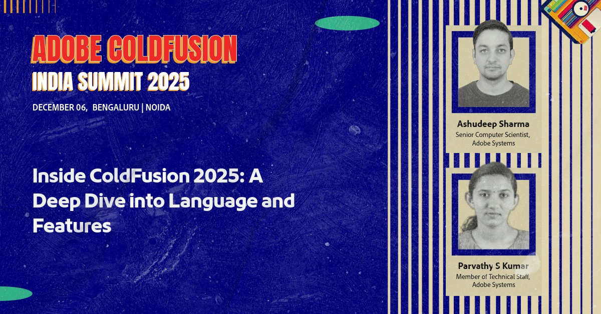 coldfusion's tweet image. Join Ashudeep Sharma and Parvathy S Kumar at Adobe ColdFusion India Summit 2025 to explore the newest language improvements and walk away knowing how to build cleaner, faster and more expressive applications.

🔗View the full agenda here: bit.ly/4rgqzSl