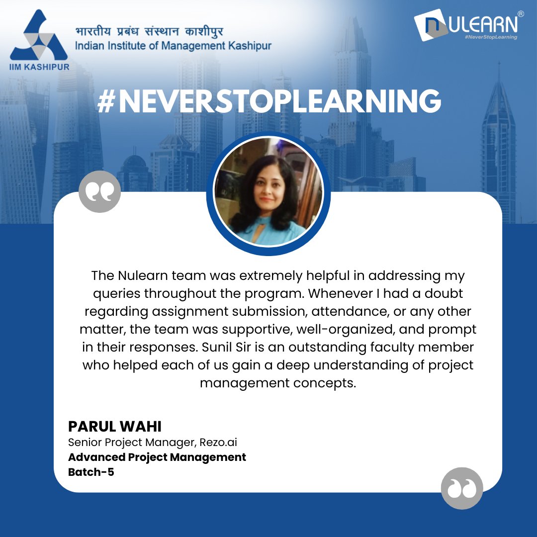nulearnedu's tweet image. Real stories. Real impact.
Here’s what our learners have to say about their journey with @IIMKsp&apos;s Advanced Project Management Program.

Admissions for Batch-8 are open!
Apply Now: shorturl.at/4UQZx

#iimkashipur #advanceprojectmanagement #PowerBI #Excel #MSProject #Nulearn