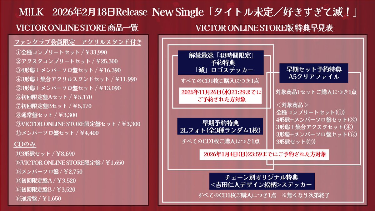 M!LK CD特典 集合アクスタ 6枚セット FC限定盤 ビクターオンライン ファンクラブグッズ付】タイトル未定／好きすぎて滅！ | 全種