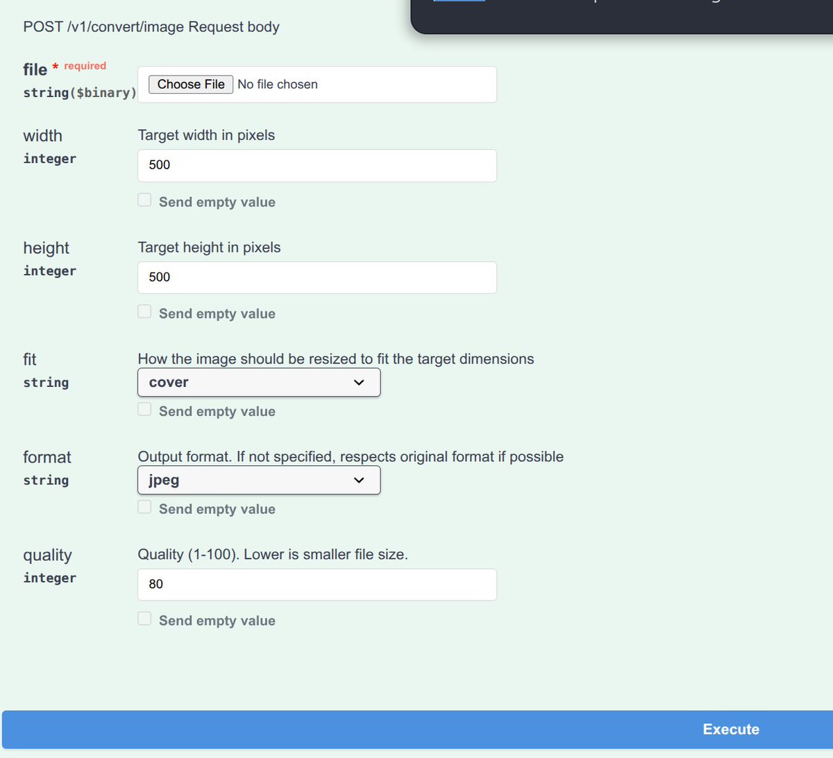 AjayCodeWiz's tweet image. Update on my convert API:

- Implemented the API endpoint /v1/convert/image
- using zod to generate for validation and openapi generation
- image resize (quality, height/width), and filetype conversion achieved

Still struggling with @scalar bugs. See how it is asking me to…