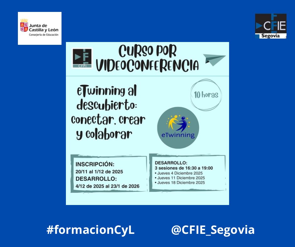 🇪🇺 eTwinning al descubierto: conectar, crear y colaborar.
🧑‍🏫 Conocimiento de la plataforma y sus elementos clave.
📐 Cómo diseñar tu propio proyecto.
<a href="/eTwinning_CyL/">eTwinning Castilla y León</a> <a href="/eTwinning_es/">eTwinning España</a>

#formacióncyl #innovaCyL #internacionalizacyl #aprendeinnovaycomparte