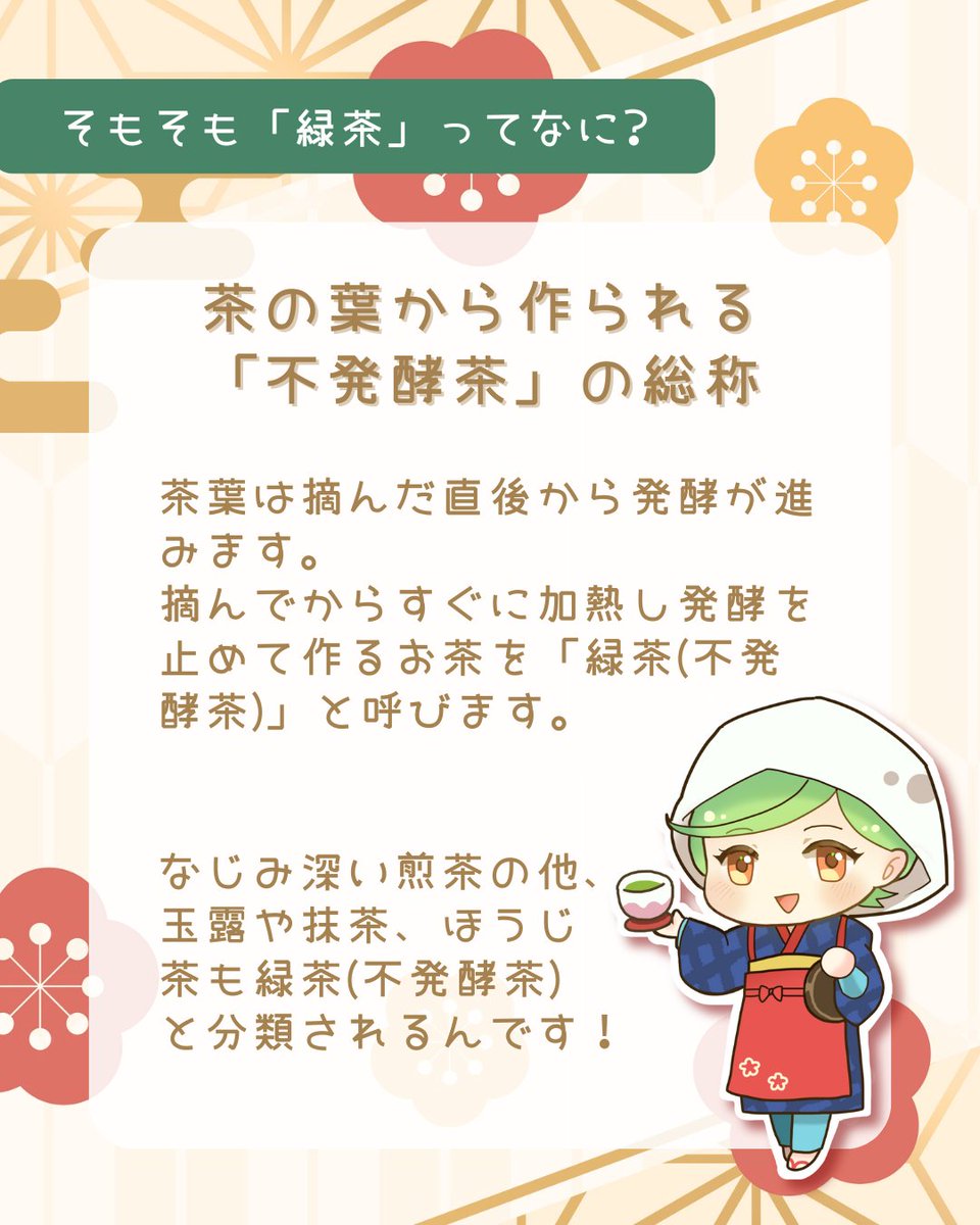 irumachaco's tweet image. おはちゃこです🍵

今回の #おはちゃ講座 は…
「そもそも《緑茶》ってなに？」

茶の葉を摘んですぐに加熱して、発酵を止めたものが《緑茶》と呼ばれています☘

そうだったの！？と思う人も多いかも？
知ってたか、初耳だったか…よければコメントで教えてくださいね(*&apos;ω&apos;*)♪

よい一日を✨