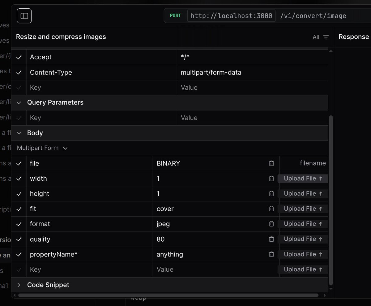 AjayCodeWiz's tweet image. Update on my convert API:

- Implemented the API endpoint /v1/convert/image
- using zod to generate for validation and openapi generation
- image resize (quality, height/width), and filetype conversion achieved

Still struggling with @scalar bugs. See how it is asking me to…