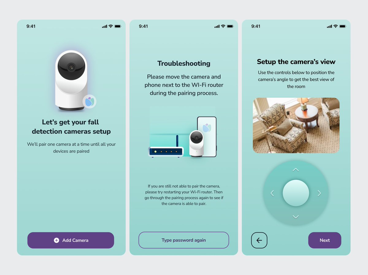 ahilapillai's tweet image. Onboarding screen designs for the fall detection camera