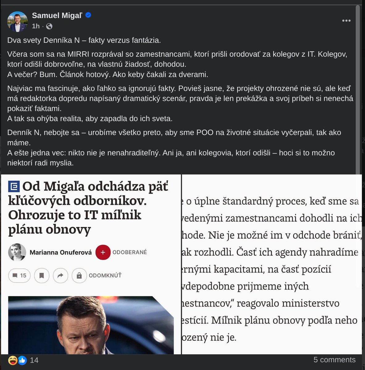 Pan minister má veľmi rád formulku "ignorujú sa fakty". 
Treba nahlas povedať, že prečo tí ľudia odchádzajú. Keď ich odbornosť a dlhoročné projekty vedenie úplne zadupe do zeme, tak "štandardne" pôjdu tam, kde o nich záujem je.

Čo urobil, aby sa toto nestalo? Nič.