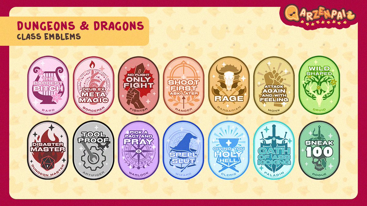 arzenpai's tweet image. 🎶 presenting the classes of dungeons and dragons, in a colorful style patterned after the dnduckies that i made a while back
im really proud of how this set turned out !!
#dnd #dungeonsanddragons #ttrpg