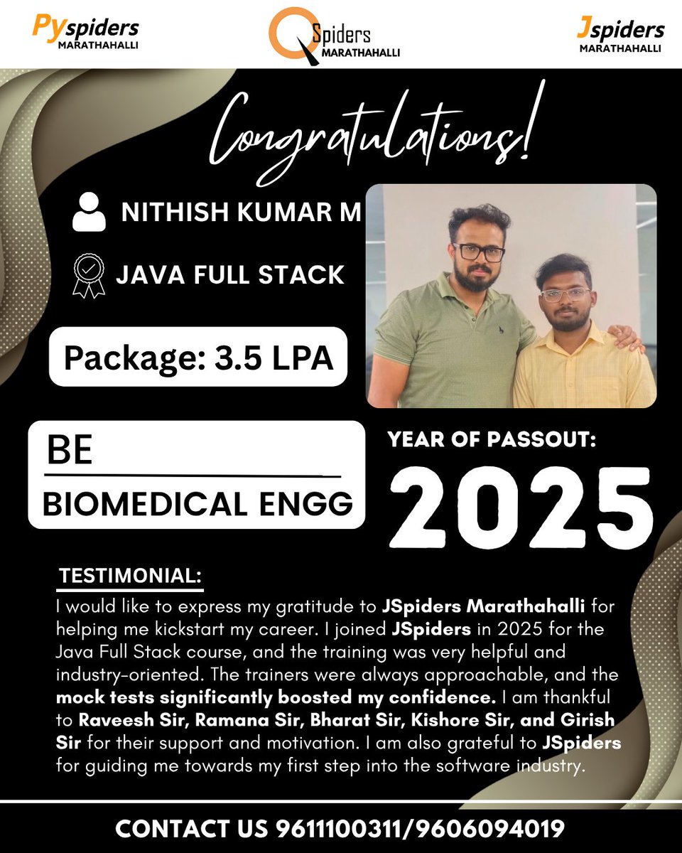 JspMarathahalli's tweet image. Congratulations Nithish Kumar M
.
FOR MORE INFORMATION, CONTACT
JSPIDERS MARATHAHALLI
KARTHIK/MANASA :
9611100311/9606094019
.
.
.
#jspiders #pyspiders #coding #jspidersmarathahalli  #html #css #javascripts #jspiders #devops #aws #linux #kprinstituteofengineeringandtechnology