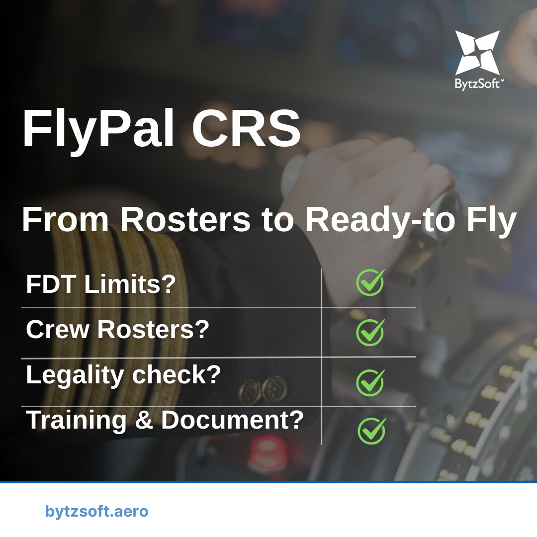 BytzSoft's tweet image. From Rosters to Ready-to-Fly.

FlyPal CRS gives #Operators smarter, compliant #crewmanagement, real-time duty tracking and instant crew comms.

One platform. Total visibility. Flight-ready crews, every time.

bytzsoft.aero