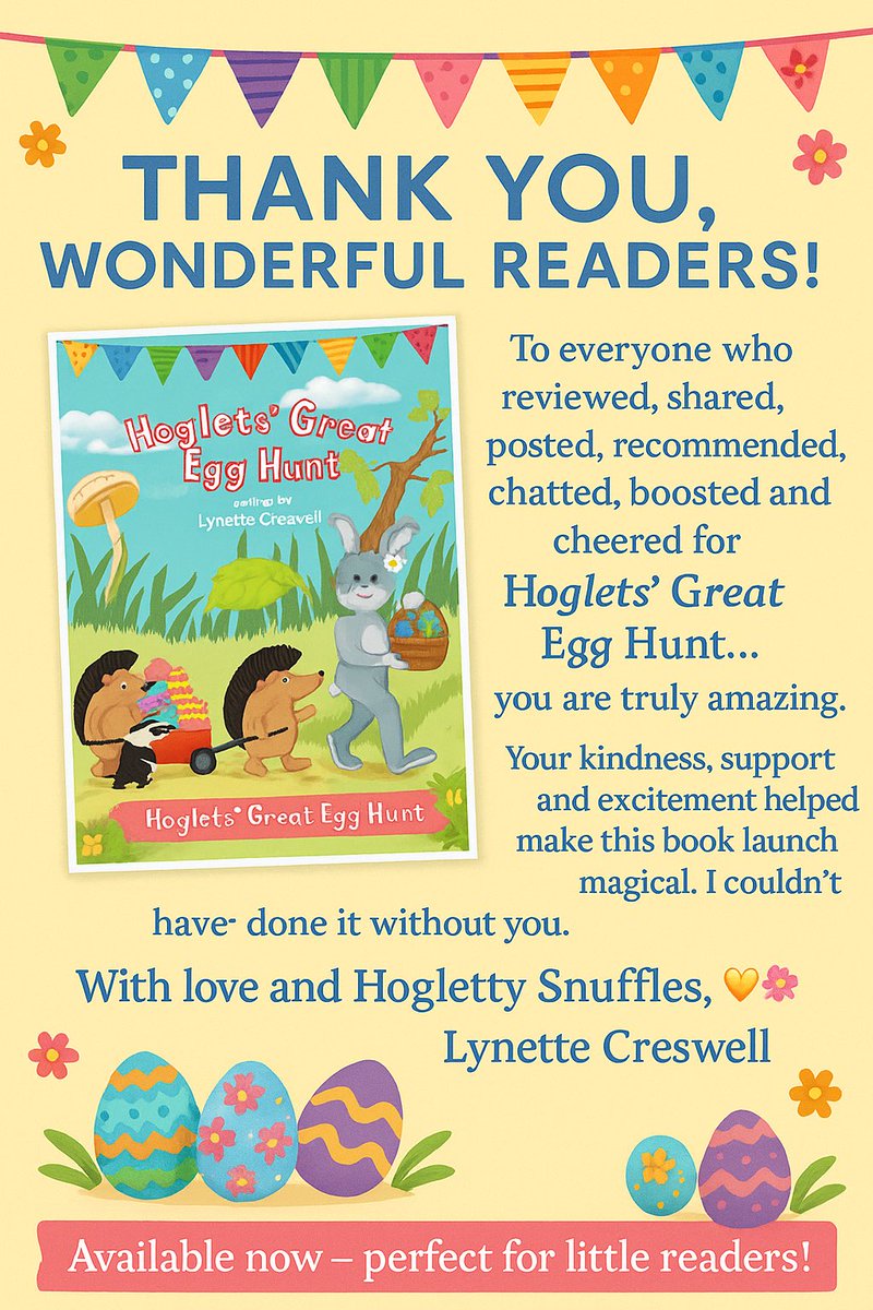 A huge thank you to everyone who reviewed, shared and supported Hoglets’ Great Egg Hunt! You’ve made this launch truly magical. 🦔💛🌸
Hogletty Snuffles to you all! ❤️

#HogletsGreatEggHunt #ChildrensBooks #KidsLit #PictureBook #AuthorLife #BookLaunch #ThankYou #ReadersAndWriters