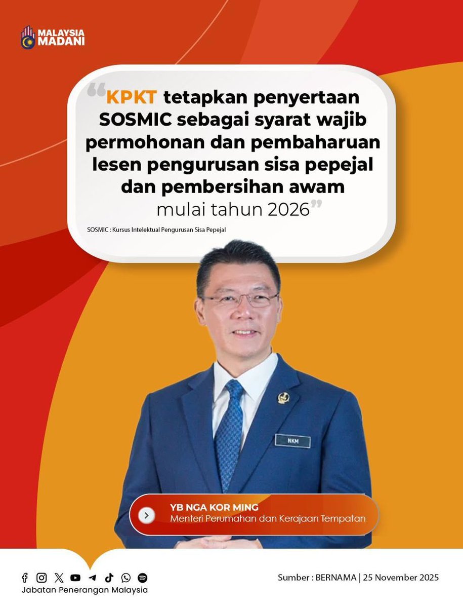 JPenerangan's tweet image. ♻️ KPKT perkenal syarat baharu Lesen Pengurusan Sisa!

🏛️ Menteri Perumahan dan Kerajaan Tempatan berkata, SOSMIC diwujudkan untuk memastikan setiap pemegang lesen mencapai tahap profesionalisme tinggi, sejajar dengan keperluan masa depan negara 🌱🇲🇾