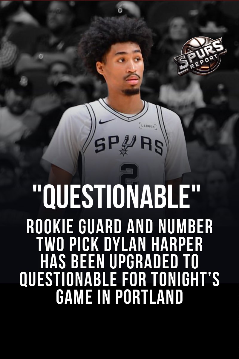 SpursReporter's tweet image. Dylan Harper might finally take the floor for the Spurs tonight.

The number two pick is listed as questionable after missing about 24 days with a left calf strain. 

Calf strain data across the league usually points to a 16 day return, so Harper’s timeline fits.