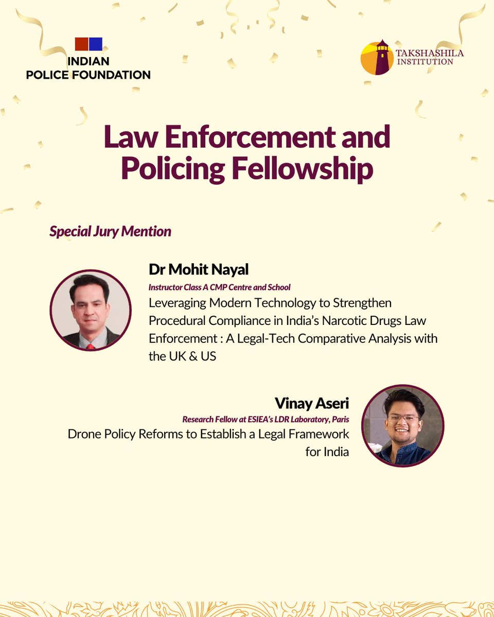 TakshashilaInst's tweet image. Celebrating excellence at the Law Enforcement and Policing Fellowship Final Conference! Congratulations to all the awardees for pushing the conversation on policing and public policy forward. 

Applications are open for the next cohort!
Apply Now - shorturl.at/LYOfd