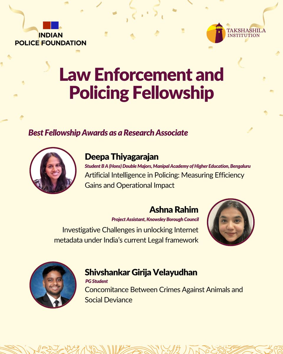 TakshashilaInst's tweet image. Celebrating excellence at the Law Enforcement and Policing Fellowship Final Conference! Congratulations to all the awardees for pushing the conversation on policing and public policy forward. 

Applications are open for the next cohort!
Apply Now - shorturl.at/LYOfd