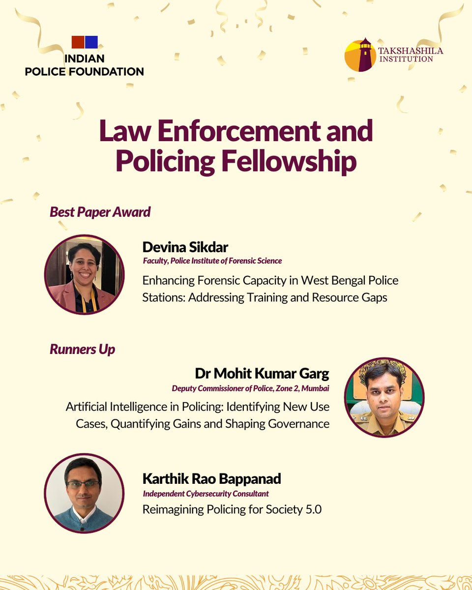 TakshashilaInst's tweet image. Celebrating excellence at the Law Enforcement and Policing Fellowship Final Conference! Congratulations to all the awardees for pushing the conversation on policing and public policy forward. 

Applications are open for the next cohort!
Apply Now - shorturl.at/LYOfd