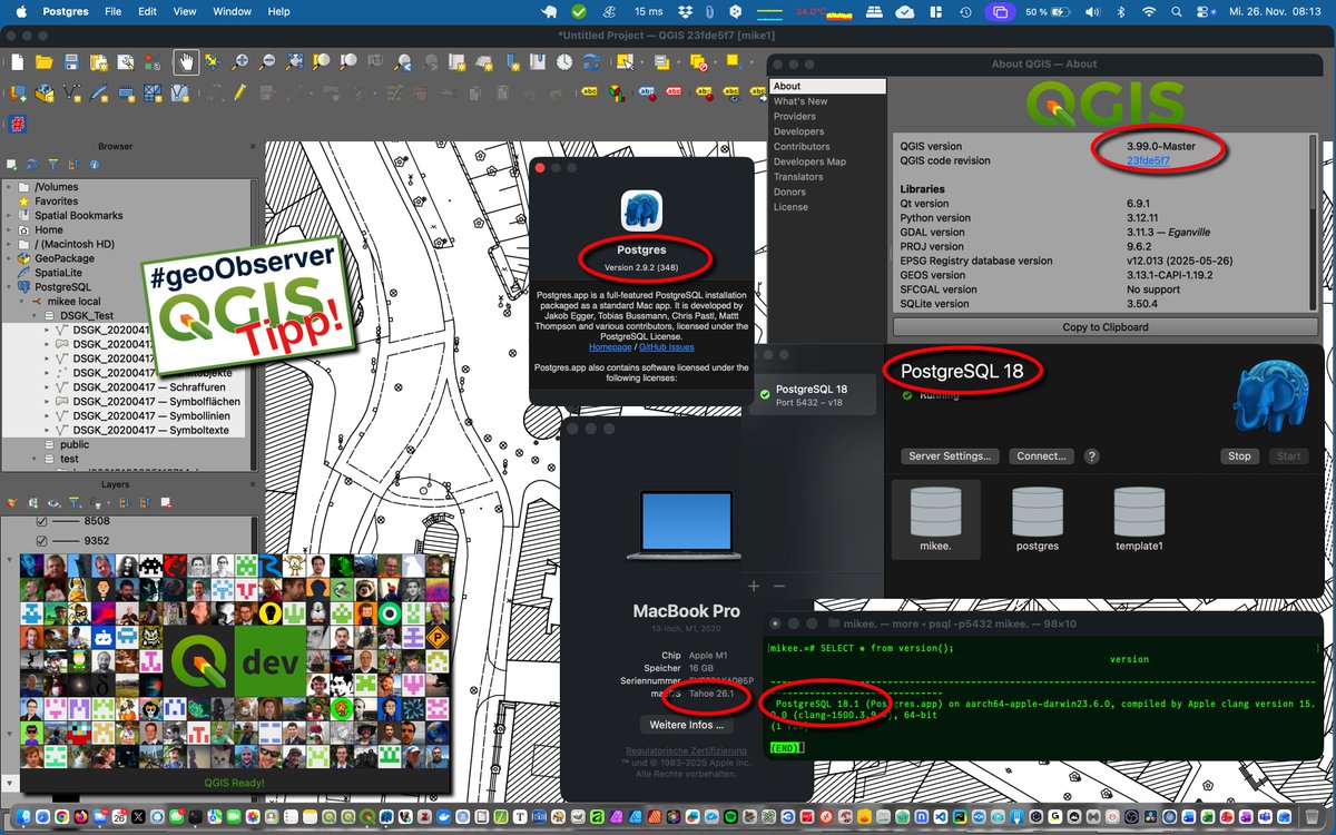 geoObserver_'s tweet image. QGIS-Tipp: v3.99.0, MacOS Tahoe 26.1, PostgresApp 2.9.2 &amp;amp; PostgreSQL 18.1, Test@MacM1 geoobserver.de/2025/11/26/qgi… #qgis #switch2qgis #postgresql #postgis #mac #macOS #tahoe #gistribe #gischat #fossgis #foss4g #OSGeo #spatial #geospatial #opensource #gis #geo #geoObserver pls RT