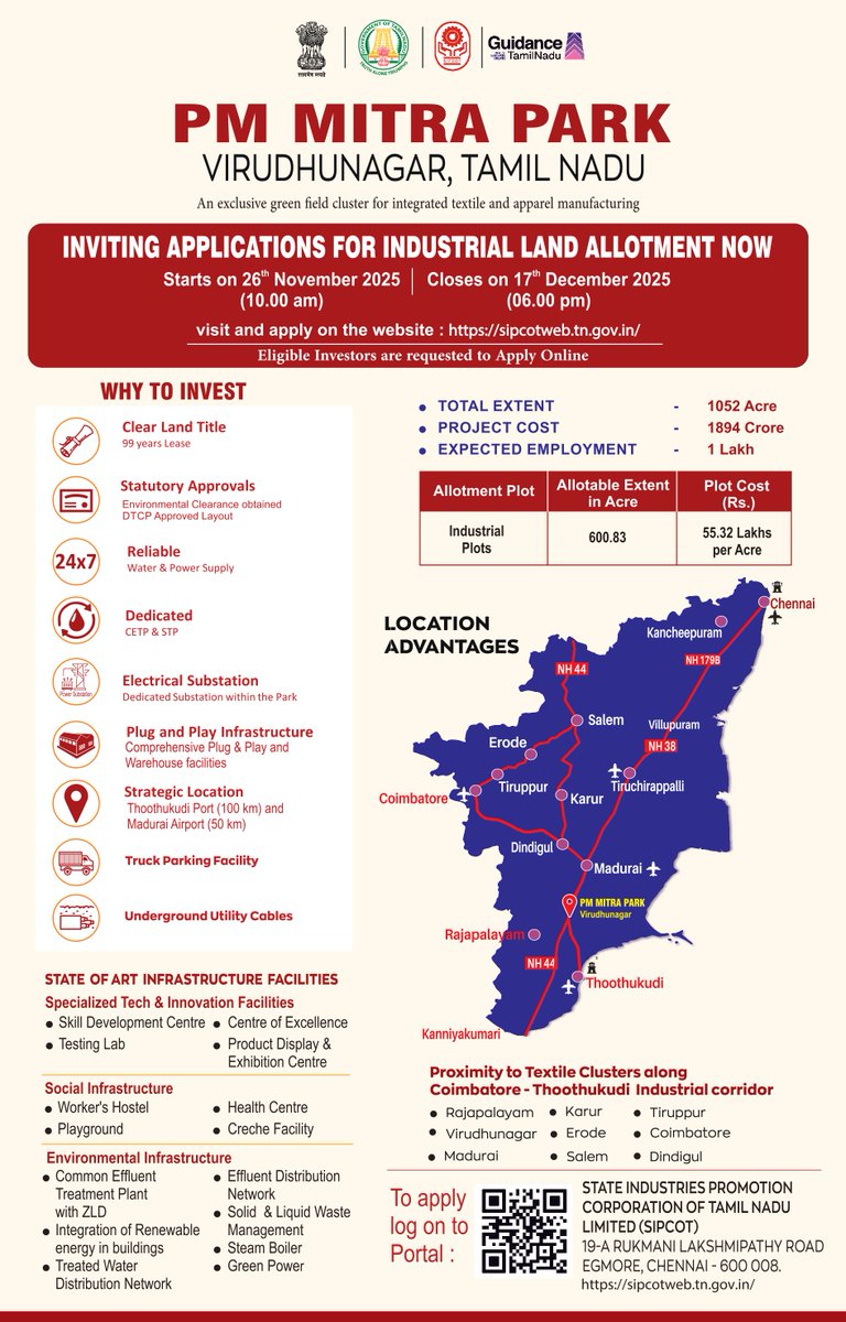 PMMITRAofficial's tweet image. Land allotments are now OPEN at PM MITRA Park, Virudhunagar (Tamil Nadu)!

Applications are live for industries looking to set up inside one of India’s most promising textile hubs.

🔗 Apply: sipcotweb.tn.gov.in

📅 26 Nov – 17 Dec 2025
#PragatiKaPMMitra
