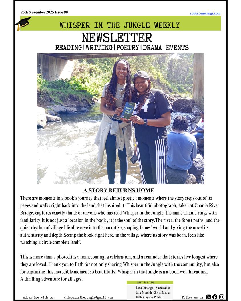 WhisperJungle's tweet image. How to succeed as a writer in Kenya.
Are you a writer, poet, or book lover in Kenya?
Here’s your Weekly Bookish Digest! Join our community of passionate readers, writers, and poets as we explore the world of words.@NuriaStore 
#BookTwitter #readingcommunity #WhisperInTheJungle