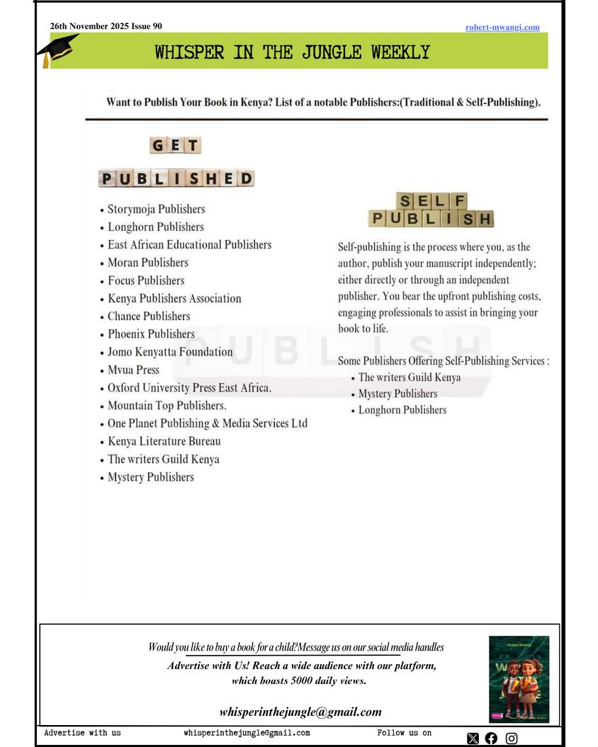 WhisperJungle's tweet image. How to succeed as a writer in Kenya.
Are you a writer, poet, or book lover in Kenya?
Here’s your Weekly Bookish Digest! Join our community of passionate readers, writers, and poets as we explore the world of words.@NuriaStore 
#BookTwitter #readingcommunity #WhisperInTheJungle