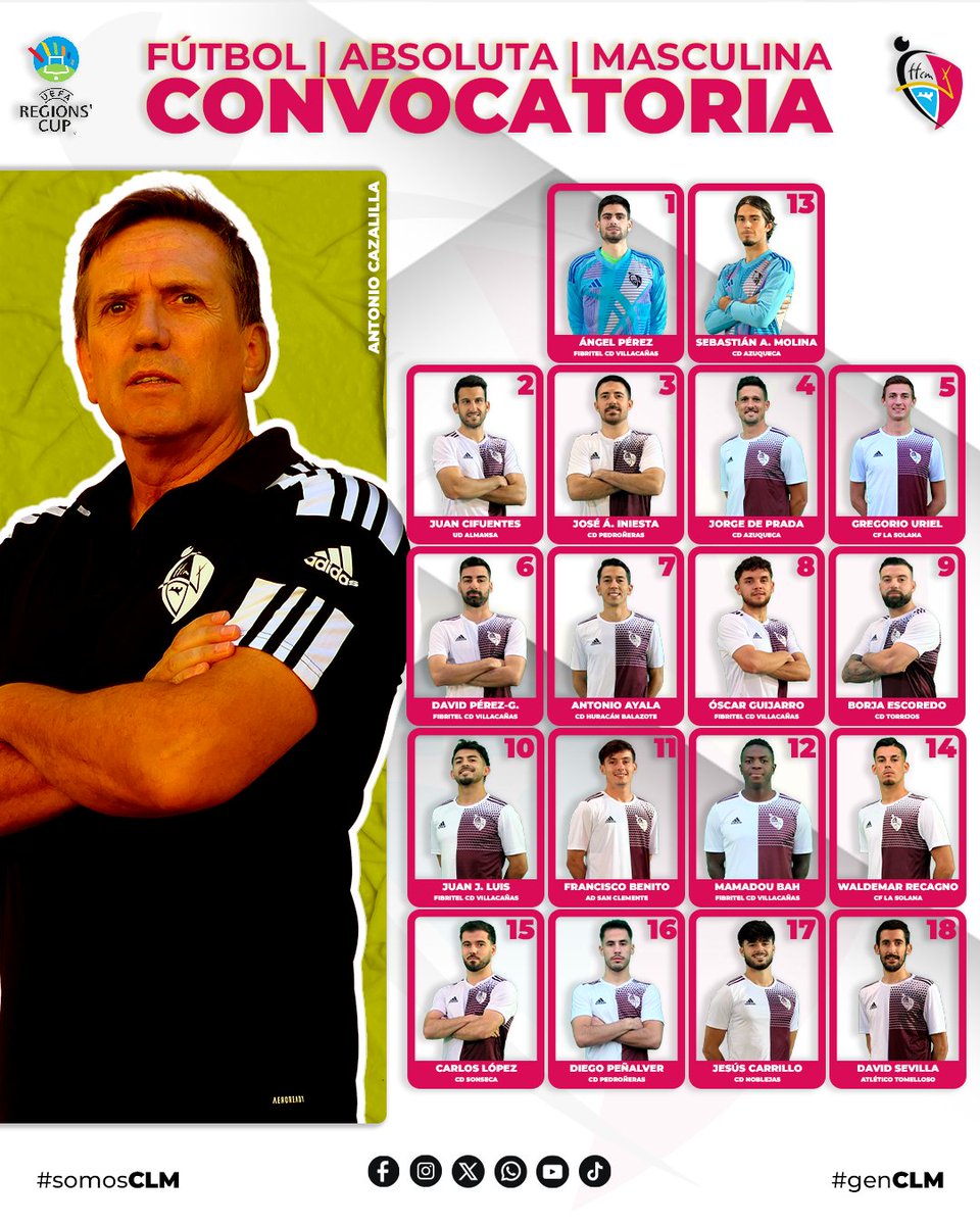 ‼️ Cambio en la convocatoria para la Primera Fase de la #CopaRegionesUEFA 

✅ José A. Iniesta "Chan"
❌ Jesús de la Hoz 

➡️ El jugador del <a href="/CD_Valdepenas/">Carretero Maquinaria Agrícola C.D. Valdepeñas</a> se lesionó en el último partido de liga