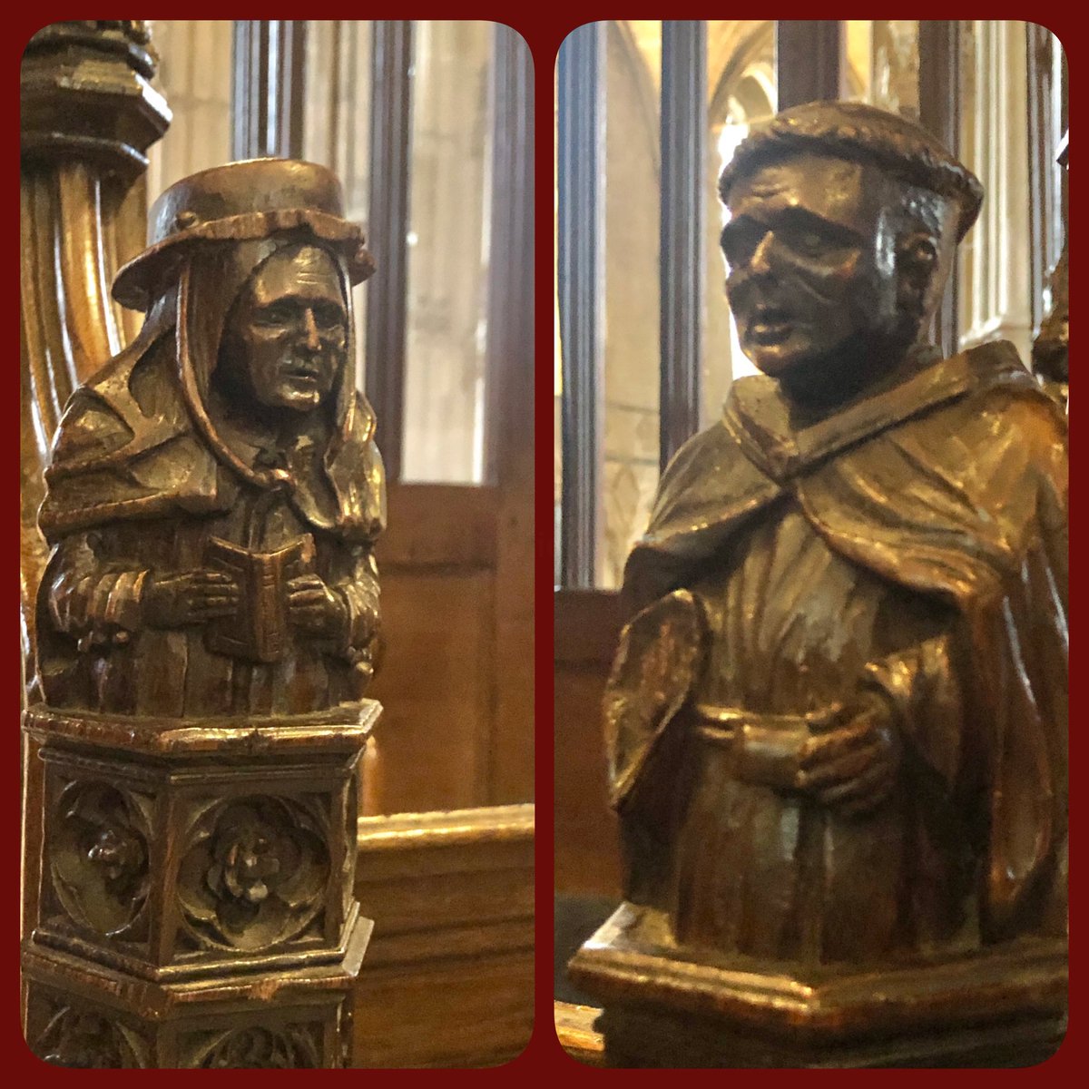 RAGriggsauthor's tweet image. Two carved figures in the Lady Chapel, Winchester Cathedral. 

The Chapel was remodelled in the late 16th century. 

#woodcarvingwednesday 
#woodensday