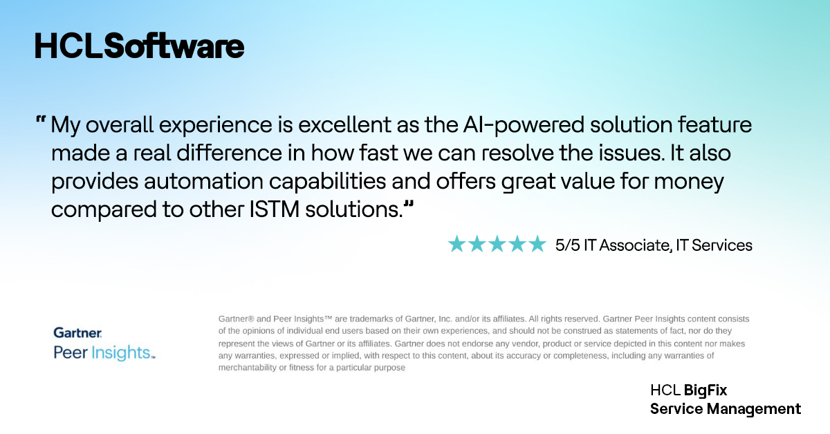 HCLBigfix's tweet image. See how HCL BigFix Service Management measures up on Gartner® Peer InsightsTM in 2025.
Read the full review here: hclsw.co/wui39z

#HCLBigFixServiceManagement #GartnerPeerInsights #HCLSoftware