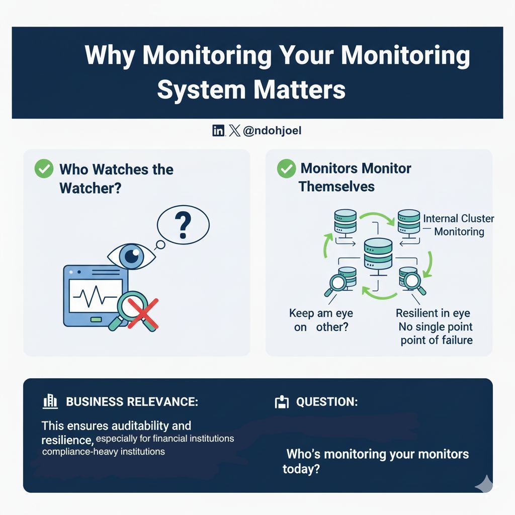 ndohjoel's tweet image. 𝗪𝗵𝘆 𝗠𝗼𝗻𝗶𝘁𝗼𝗿𝗶𝗻𝗴 𝗬𝗼𝘂𝗿 𝗠𝗼𝗻𝗶𝘁𝗼𝗿𝗶𝗻𝗴 𝗦𝘆𝘀𝘁𝗲𝗺 𝗠𝗮𝘁𝘁𝗲𝗿𝘀

Meta, but crucial.
If your system monitor goes down, who watches the watcher?

You can use Internal Cluster Monitoring among monitoring instances themselves — they keep an eye on each other.…