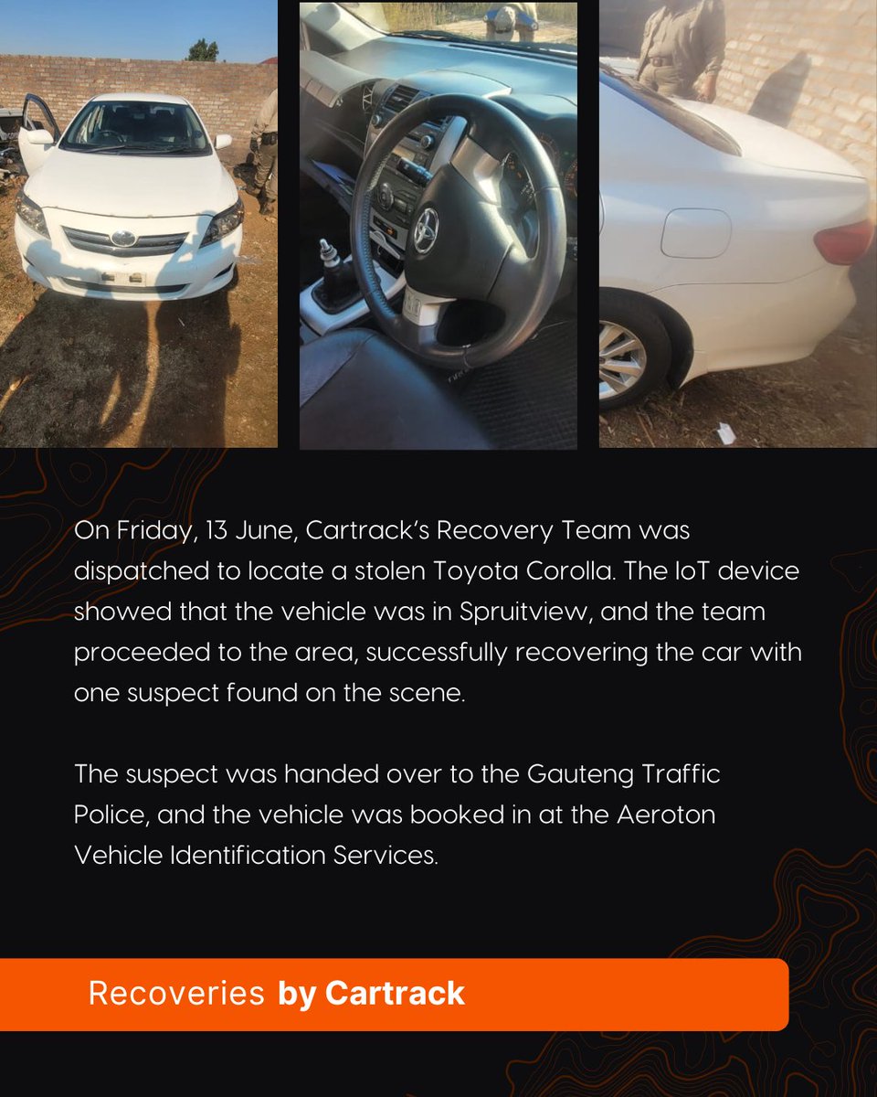 CartrackZA's tweet image. 🚨 The second that signal flashed, the adrenaline kicked in! 🚗💨

Cartrack’s Recovery Team sprang into action, tracking a stolen Toyota Corolla all the way to Spruitview with live IoT updates. One suspect was nabbed on the scene and handed over to the Gauteng Traffic Police. The…