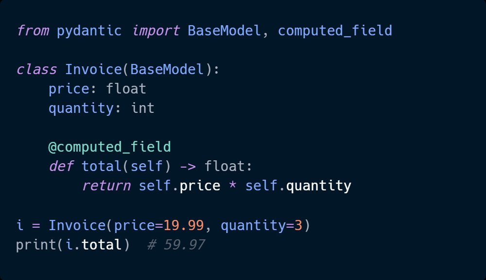 DevAsService's tweet image. Stop recalculating values all over your codebase.

Let Pydantic compute them inside the model.

Cleaner models → cleaner logic → fewer bugs.

📘 Learn patterns like this in &quot;Practical Pydantic&quot;.

💥 50% off → leanpub.com/practical-pyda…

#Python #Pydantic #CleanCode #Leanpub