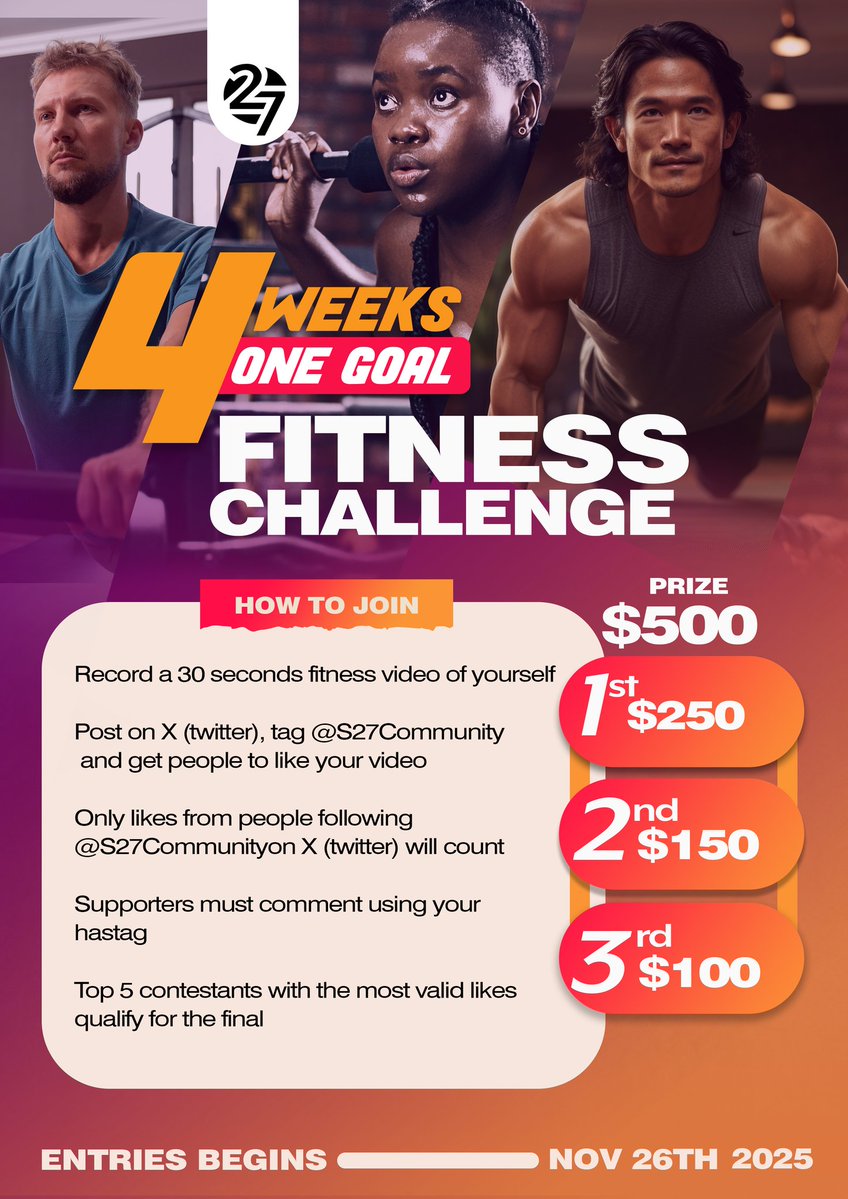 27Sports_Digest's tweet image. 🏋️THE 27 FITNESS CHALLENGE IS LIVE! 🏋️

Think you’ve got strength, consistency, and discipline? Prove it and compete for $500 in prizes!

HOW TO JOIN:
1️⃣ Record a 30-second fitness video (push-ups, sit-ups, squats, plank,  any one of your choice).

2️⃣ Post it on your X account.…
